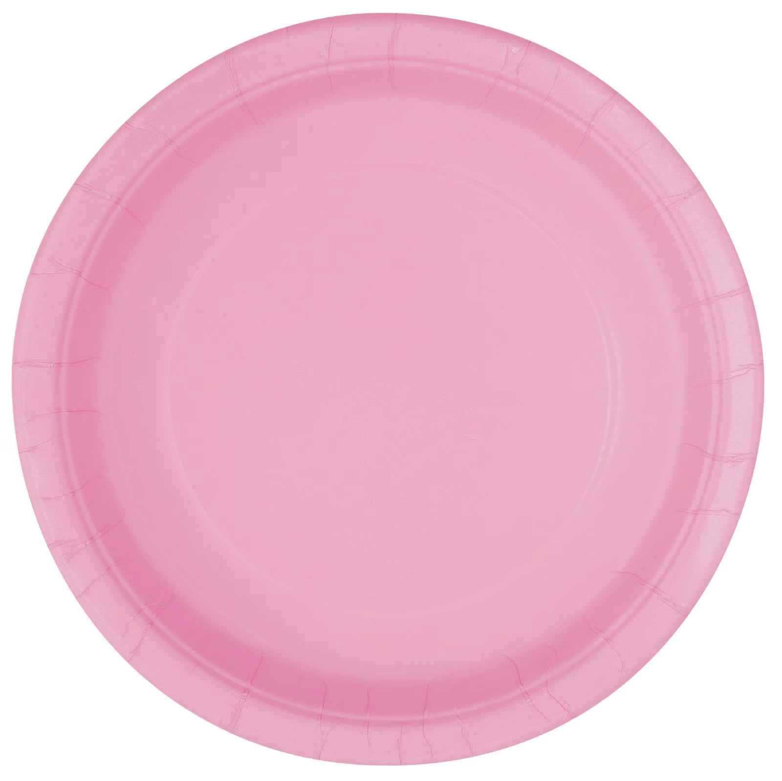 solid pink colour; round shape; paper material; 7 inch (18cm) size; pack of 8 plates;