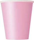 solid pink colour; paper material; standard cup shape; 8oz/9oz size indication;