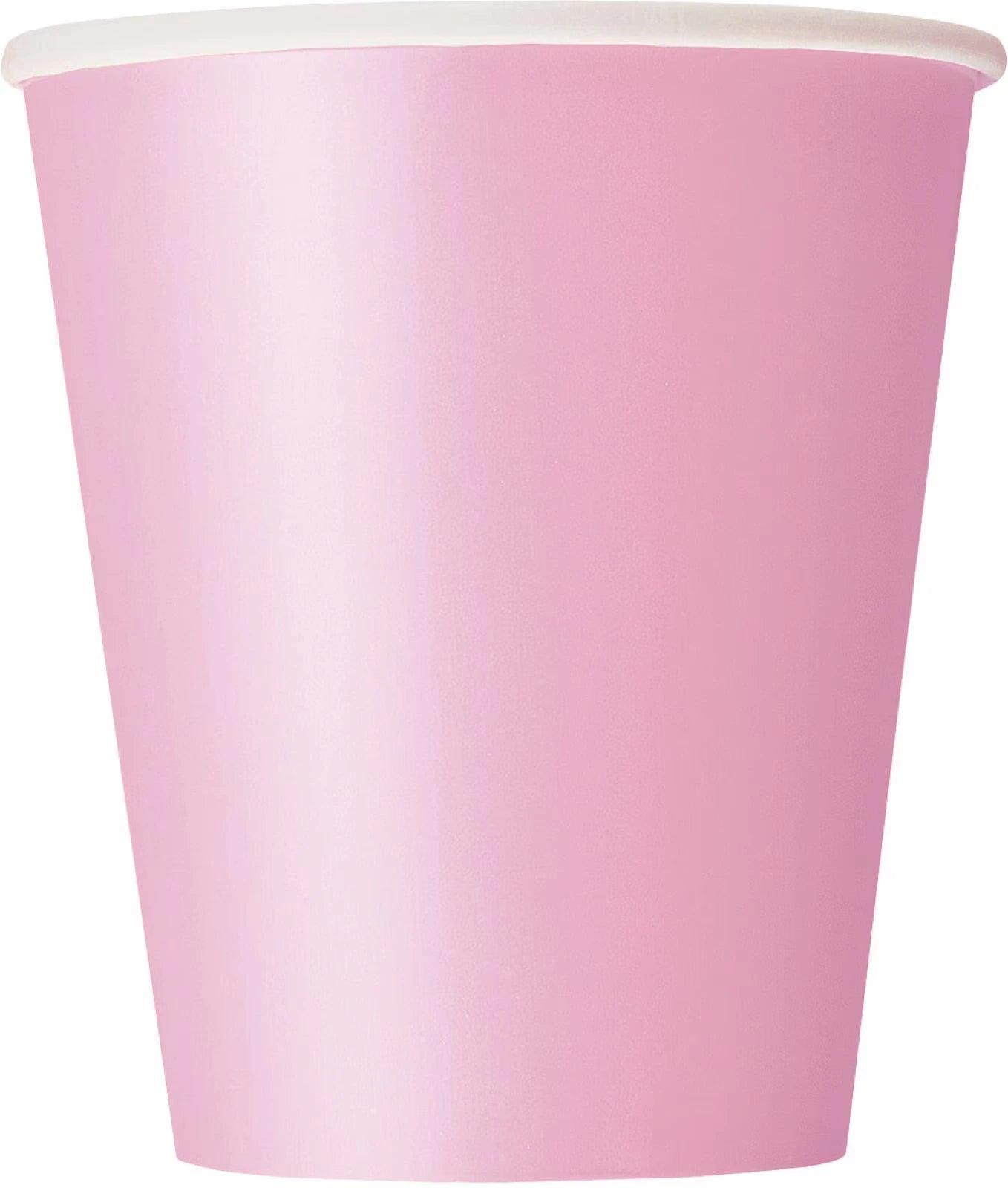 solid pink colour; paper material; standard cup shape; 8oz/9oz size indication;