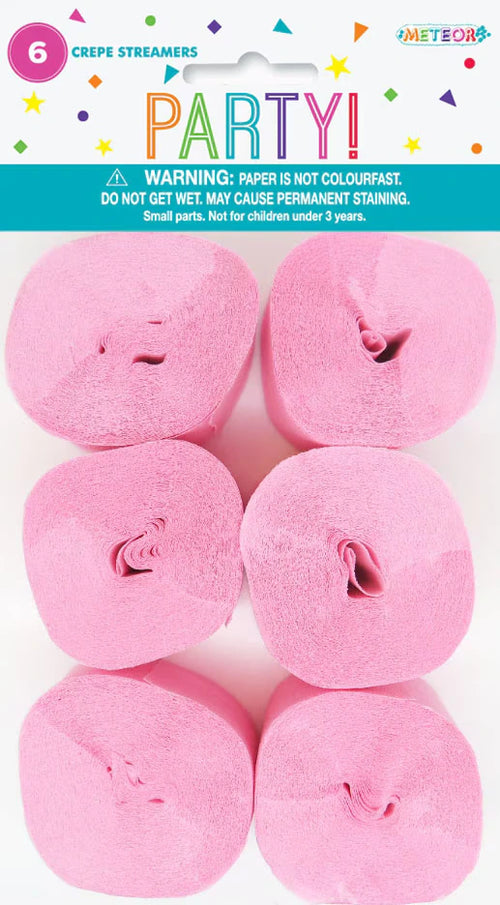 packs of six pink crepe streamer rolls; soft pink colour; crepe paper material; compact rolled shape; retail packaging with colourful header card;