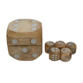 natural wood colour; dice with white dot markings; matching wooden dice box shaped like a dice; compact square dice box;