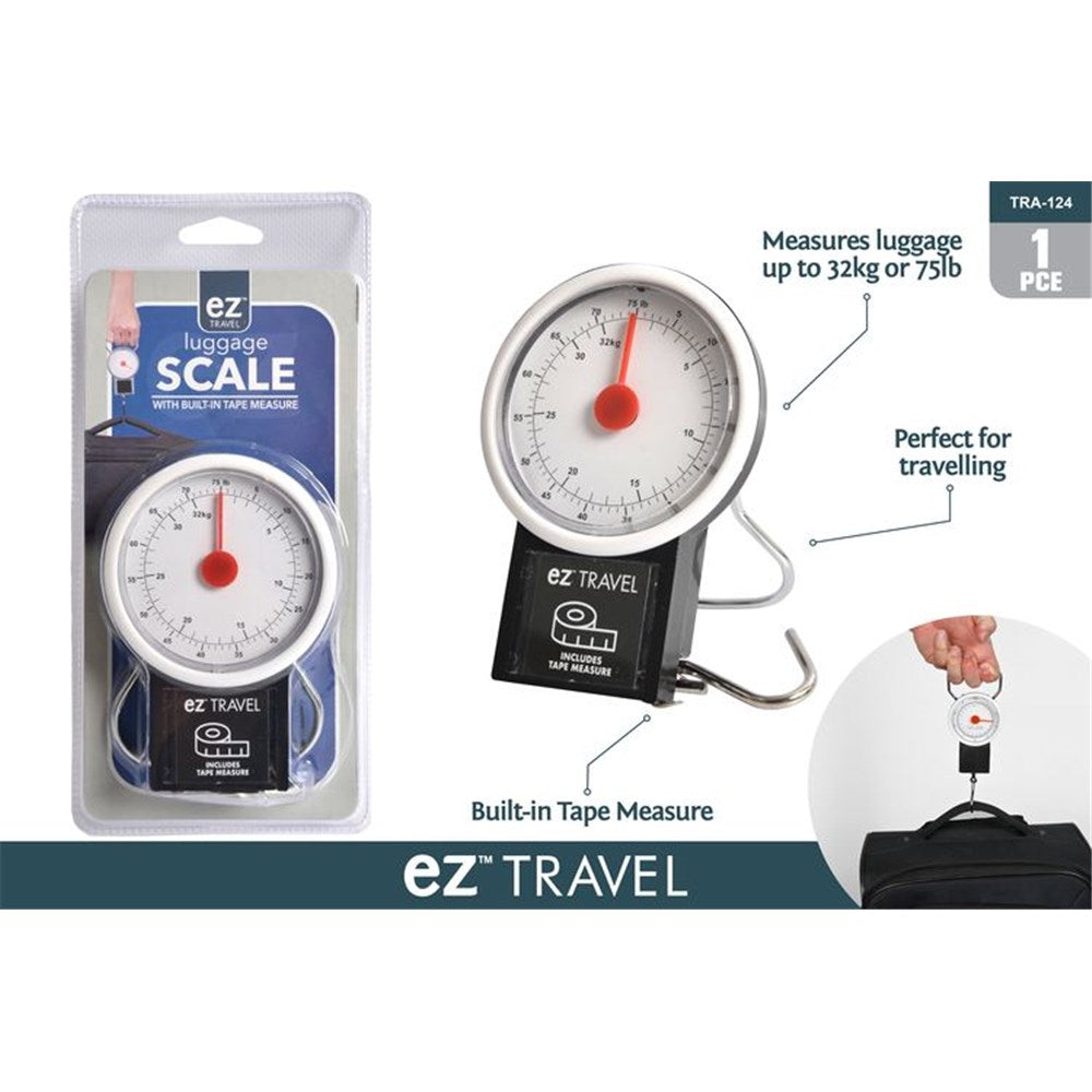 round dial scale with red needle; black body with tape measure icon; silver metal hook for hanging luggage; packaged in clear blister pack; white dial with black and red markings;