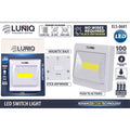 white square compact light; yellow COB LED strip; magnetic back with adhesive; packaged with 3 AAA batteries; push to activate switch;