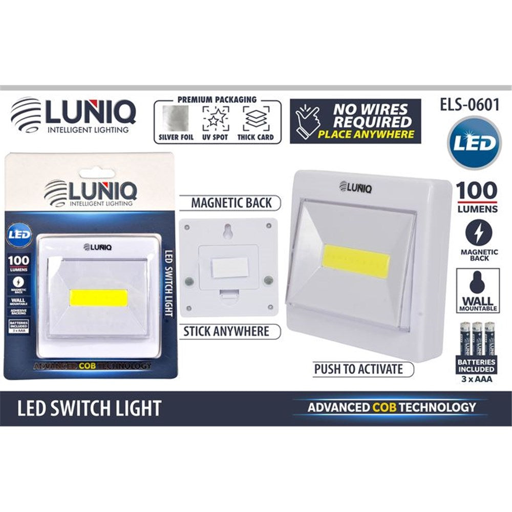 white square compact light; yellow COB LED strip; magnetic back with adhesive; packaged with 3 AAA batteries; push to activate switch;