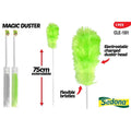 bright green electrostatic duster head; white extendable handle; flexible bristles; packaged individually;