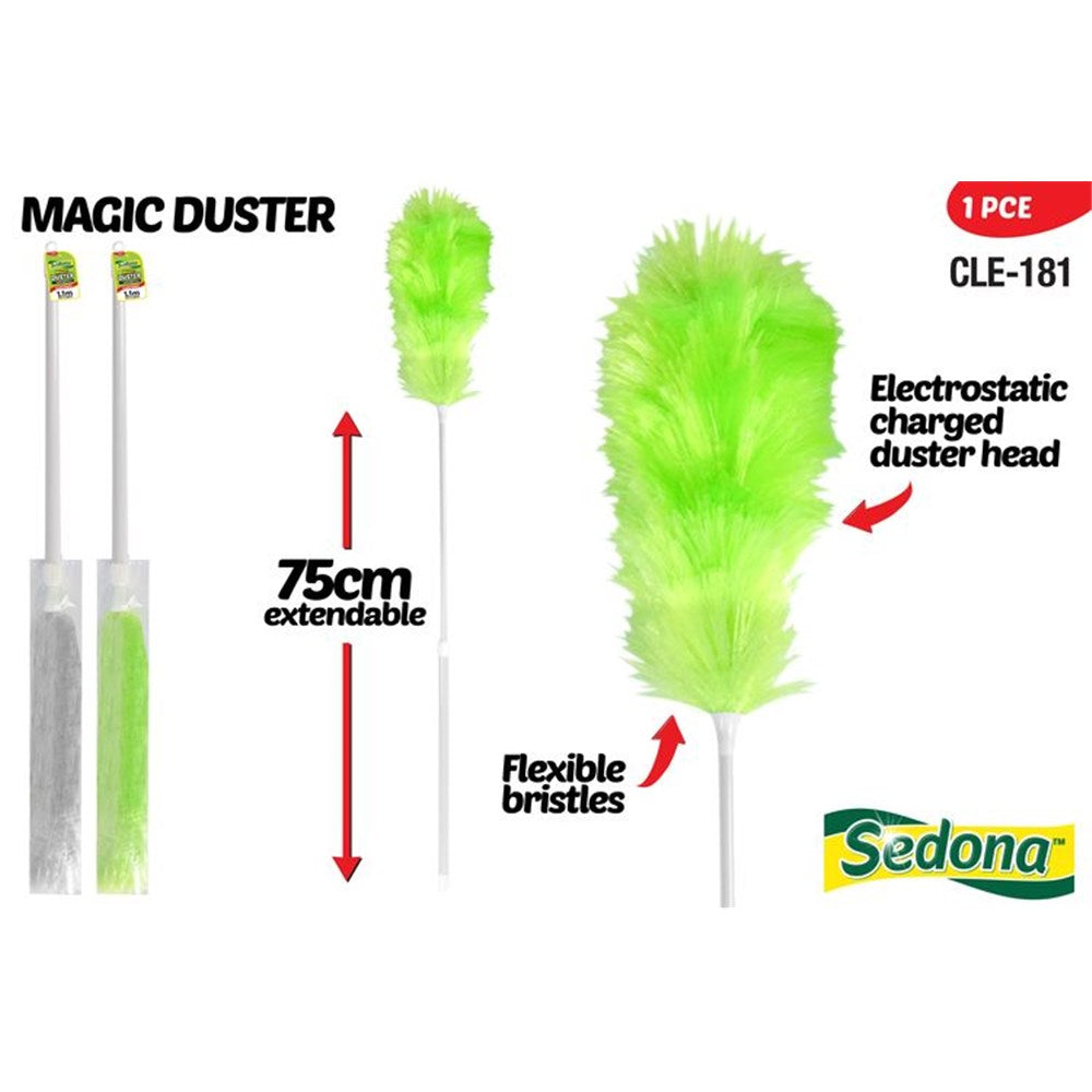 bright green electrostatic duster head; white extendable handle; flexible bristles; packaged individually;