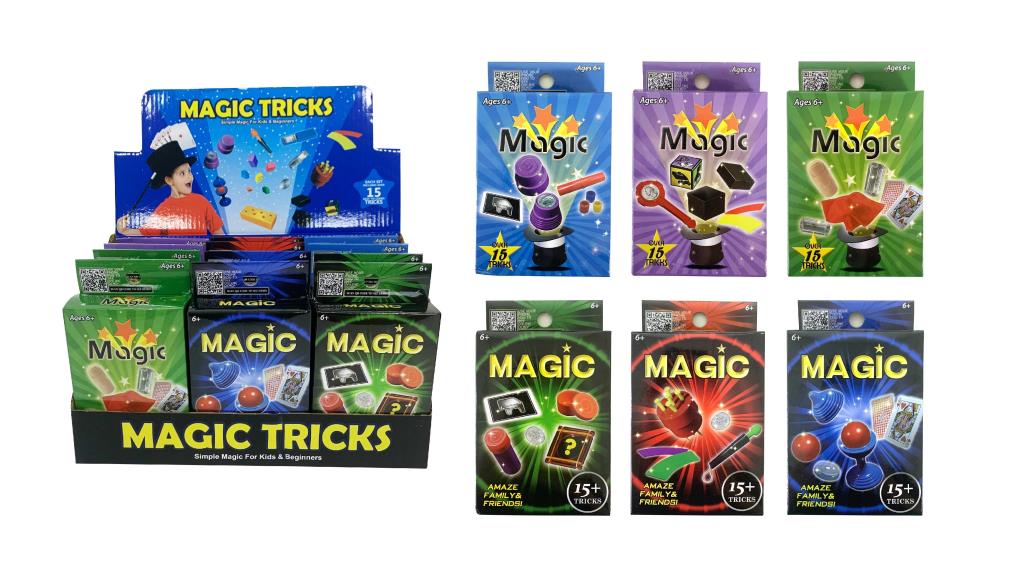 Three colourful boxed magic trick packs; Each pack labelled Magic with star designs; Packs include props like cards, cups, balls; Age recommendation 6+ on packaging;