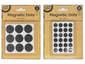 black circular magnetic dots; adhesive peel-and-stick backing; two sizes visible: 2.5cm and 1.3cm diameter; kraft paper backing card packaging; dots arranged in a grid on white card;