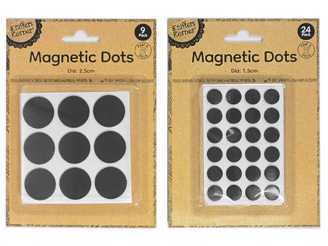 black circular magnetic dots; adhesive peel-and-stick backing; two sizes visible: 2.5cm and 1.3cm diameter; kraft paper backing card packaging; dots arranged in a grid on white card;