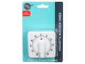 white square timer with rounded edges; black printed numbers and minute marks; red triangular pointer indicator; packaged on blue and black card; magnetic backing visible on timer;