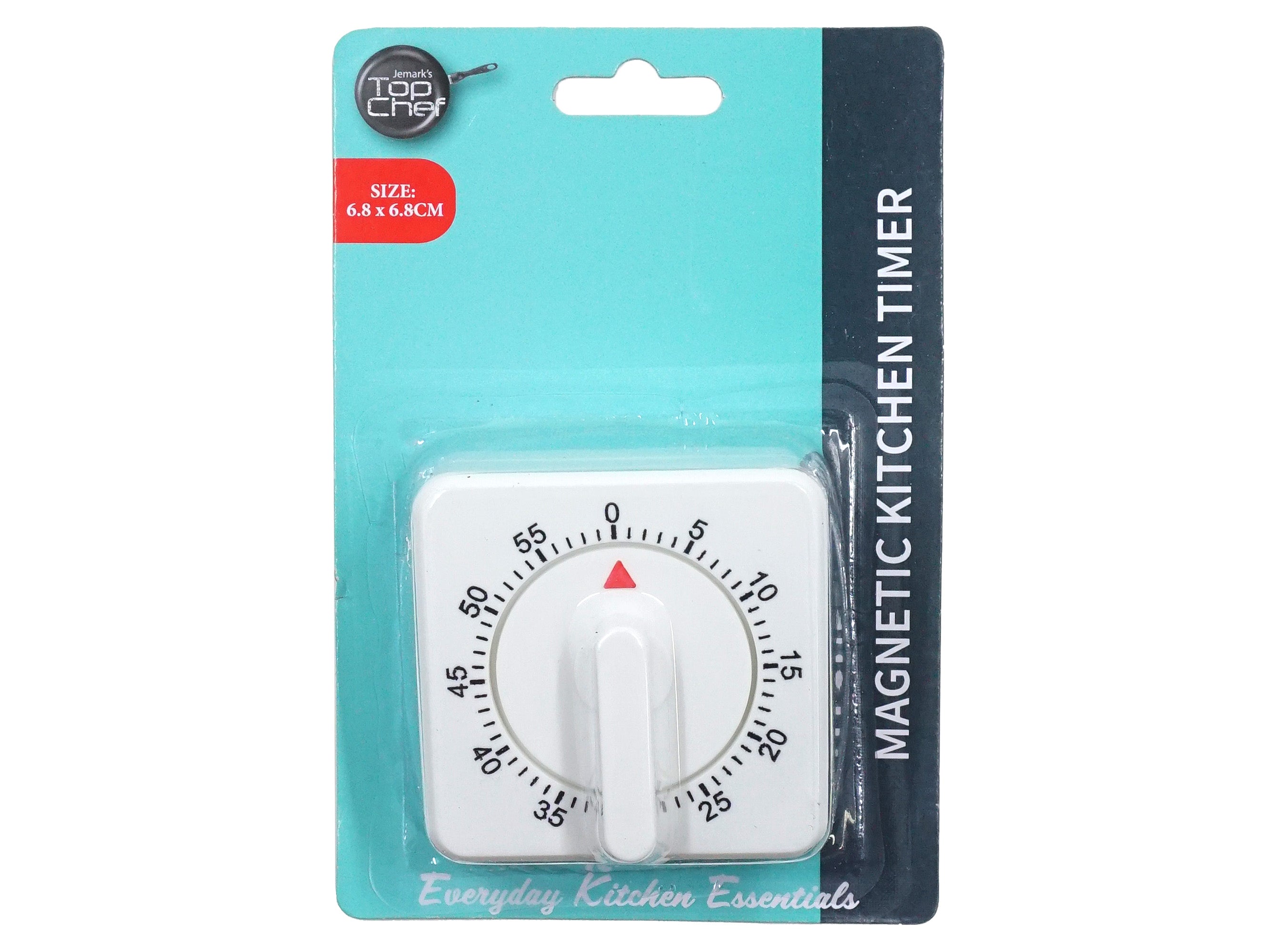 white square timer with rounded edges; black printed numbers and minute marks; red triangular pointer indicator; packaged on blue and black card; magnetic backing visible on timer;