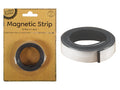black flexible magnetic strip rolled; adhesive backing covered with silver peel-off layer; packaged on brown cardboard backing; small size roll packaging;