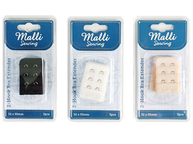 Set of 3 bra extenders; Colours: black, white, beige; 2 hooks on each extender; Soft fabric material; Retail packaging with Malli Sewing branding;