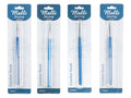 Blue handle; Silver metal crochet hook; Sizes printed on packaging: 1.5mm, 2.0mm, 2.5mm, 3.0mm; Individual hook packaging; Plastic and card packaging;