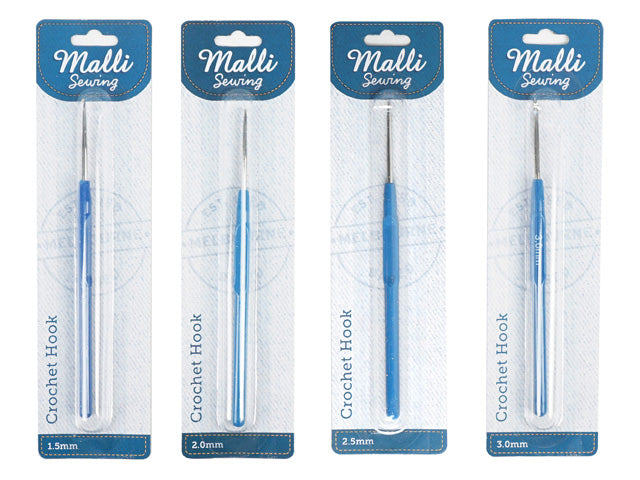 Blue handle; Silver metal crochet hook; Sizes printed on packaging: 1.5mm, 2.0mm, 2.5mm, 3.0mm; Individual hook packaging; Plastic and card packaging;