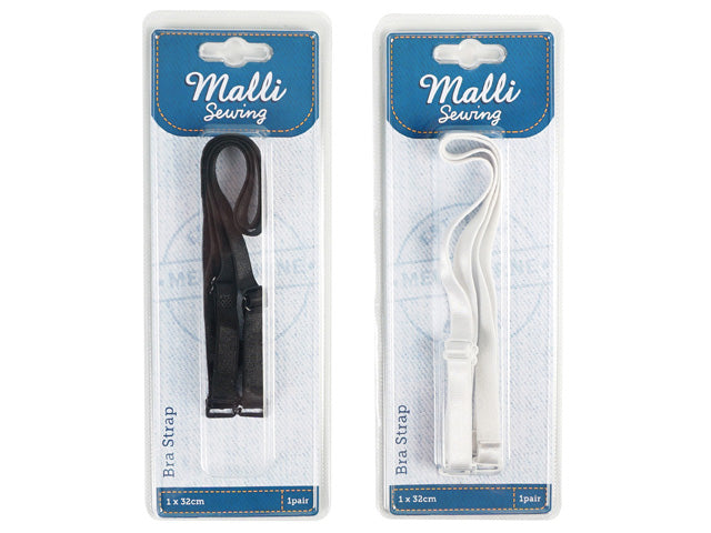 black bra strap in sealed blue and white packaging; white bra strap in sealed blue and white packaging; each pack contains one pair; strap length indicated as 32cm; adjustable slider on straps;