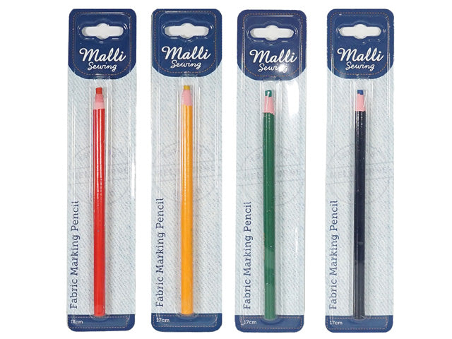 Pencils approximately 17cm long; Available in red, yellow, green, and black colours; Each pencil has an eraser end; Packaged in blister cards labeled 'Malli Sewing';