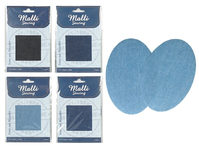 Oval denim patches; Blue denim colour; Packaged with cardboard label; Malli Sewing branding; Pack size varies between 1 and 2 patches;