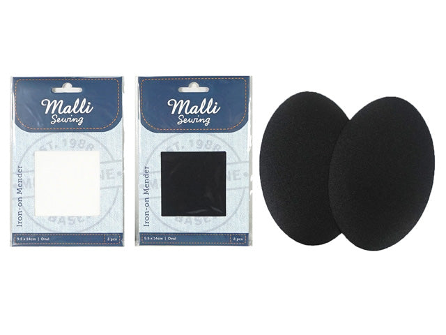 packaging shows two square patches in black and white; oval-shaped fabric patches; patches size 9.5 x 14 cm; iron-on mender branding on pack;