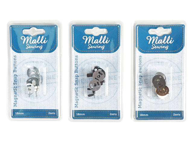 18mm metal magnetic snap buttons; pack of 2 sets; assorted metal finishes; blue and white branded packaging;
