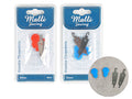 4 needle threaders per pack; Two pack types shown: one with red handles, one with blue handles; Threaders combine metal and coloured plastic handles; Compact size 55mm stated on packaging; Hanging card packaging with Malli Sewing branding;