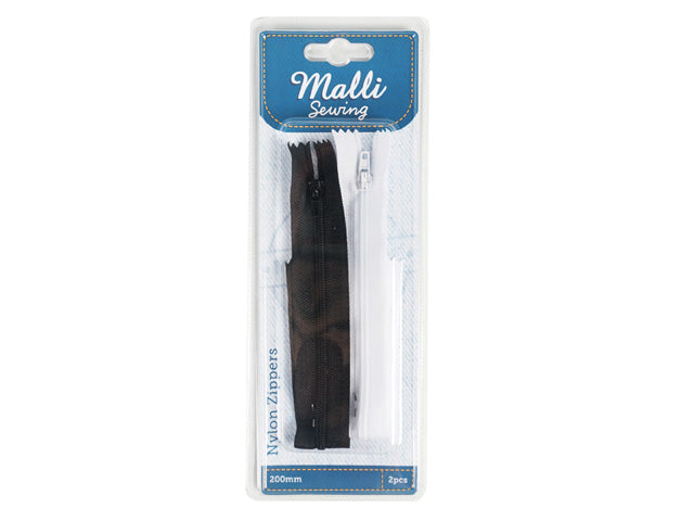 pack of two zippers; black and white colours; 20cm length; nylon material; blister pack packaging;