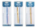 Two aluminium crochet hooks per pack; Hooks come in assorted colours: blue, pink, gold; Each hook measures approximately 15cm; Clear plastic blister packaging with blue cardboard backing; Brand name 'Malli Sewing' visible on packaging;