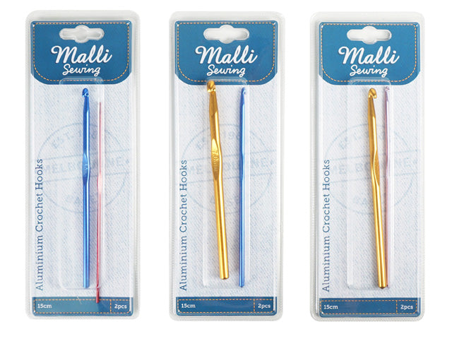 Two aluminium crochet hooks per pack; Hooks come in assorted colours: blue, pink, gold; Each hook measures approximately 15cm; Clear plastic blister packaging with blue cardboard backing; Brand name 'Malli Sewing' visible on packaging;