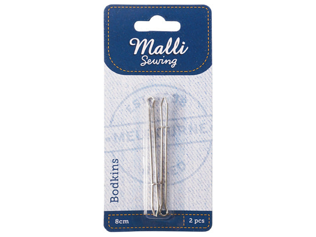 Two silver metal bodkins in blister pack; Blue and white packaging with Malli Sewing branding; Pack displays '8cm' and '2 pcs' details;