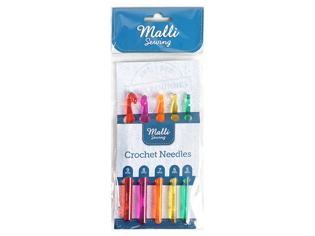 Five crochet hooks in assorted bright colours; Plastic material with transparent shafts; Sizes printed or indicated on packaging: 9mm to 5mm; Hooks packaged in clear plastic pouch with blue label;