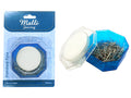 300 metal pins with rounded heads; blue octagonal plastic storage box; clear translucent lid on box; silver-coloured pins; pins packed loosely inside container;