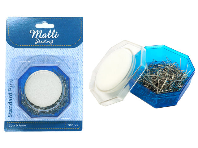 300 metal pins with rounded heads; blue octagonal plastic storage box; clear translucent lid on box; silver-coloured pins; pins packed loosely inside container;