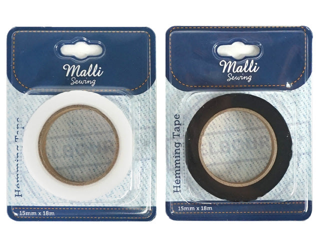 Roll of tape in white colour; Roll of tape in black colour; Packaged on a blue and white card; Labelled 'Malli Sewing';