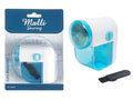 White and blue plastic casing; Compact rectangular shape; Transparent lint collection compartment; Includes small black cleaning brush; Electric lint remover with on/off switch;