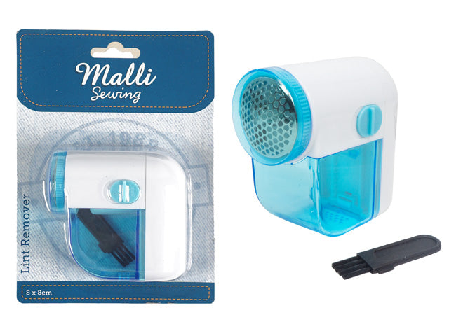 White and blue plastic casing; Compact rectangular shape; Transparent lint collection compartment; Includes small black cleaning brush; Electric lint remover with on/off switch;