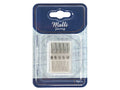 blue and white packaging with Malli branding; pack contains 5 metal sewing needles; needles in assorted sizes printed on case; needles displayed vertically in clear plastic case;