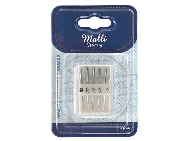 blue and white packaging with Malli branding; pack contains 5 metal sewing needles; needles in assorted sizes printed on case; needles displayed vertically in clear plastic case;
