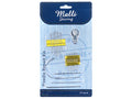 blue and light blue card packaging with yellow stitching border; 27 assorted sewing needles fixed on yellow cards; includes straight and curved needles; silver coloured needles and a small metal thimble;