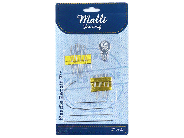blue and light blue card packaging with yellow stitching border; 27 assorted sewing needles fixed on yellow cards; includes straight and curved needles; silver coloured needles and a small metal thimble;