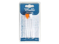 two clear plastic needle storage tubes; one tube with orange cap, one with white cap; packaged on blue and white card; compact cylindrical containers approximately 6cm long;