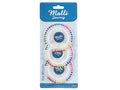 3 round white plastic pin wheels; assorted colourful pearl pin heads; blue and white packaging card; brand name Malli Sewing visible; pins arranged neatly around wheels;