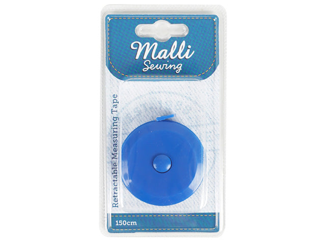blue circular plastic case; compact round shape; button in centre for tape retraction; packaged in clear plastic blister pack with branded card; measures up to 150cm indicated on packaging;
