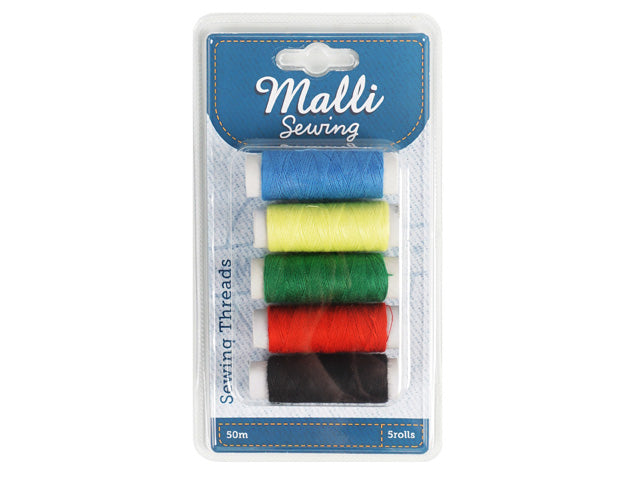 5 rolls of thread; assorted colours: blue, yellow, green, red, black; packaged in clear plastic blister pack; 50 metres thread length per roll; blue cardboard backing with Malli Sewing branding;