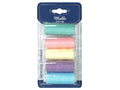 5 pastel colour threads: green, pink, cream, purple, blue; Each spool approx. 180 metres; Plastic packaging with blue header; Threads wound on small yellow plastic spools;