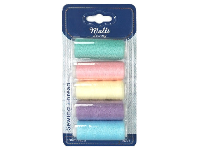 5 pastel colour threads: green, pink, cream, purple, blue; Each spool approx. 180 metres; Plastic packaging with blue header; Threads wound on small yellow plastic spools;