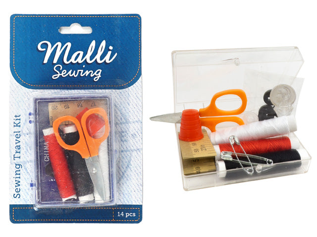 clear plastic case; orange handled scissors; red, white, black thread spools; yellow measuring tape; plastic thimble;