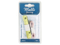 Two soft measuring tapes in yellow and white; Each tape marked with measurement units; Compact length of 150cm; Tapes folded and secured with white paper bands; Packaged in clear plastic blister packaging with blue cardstock;