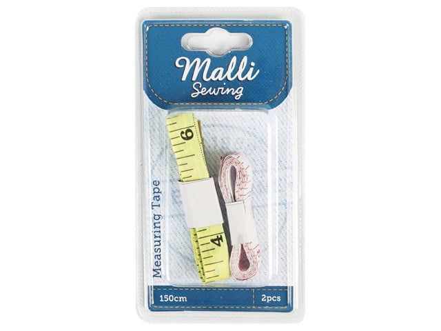 Two soft measuring tapes in yellow and white; Each tape marked with measurement units; Compact length of 150cm; Tapes folded and secured with white paper bands; Packaged in clear plastic blister packaging with blue cardstock;