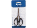 12cm stainless steel blades; black plastic handles; packaged on Malli Sewing branded card; compact size suitable for thread trimming;