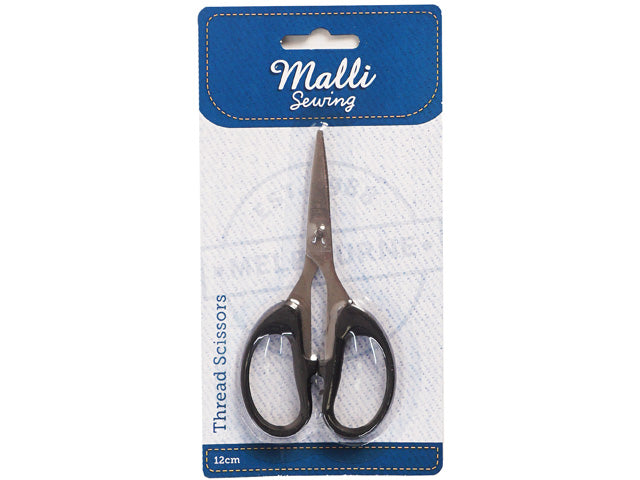 12cm stainless steel blades; black plastic handles; packaged on Malli Sewing branded card; compact size suitable for thread trimming;